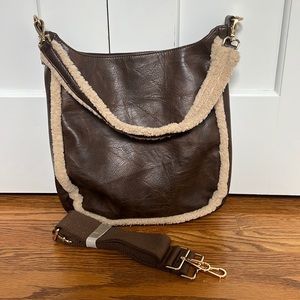 Ahdorned Classic Vegan Leather Messenger with Sherpa Trim